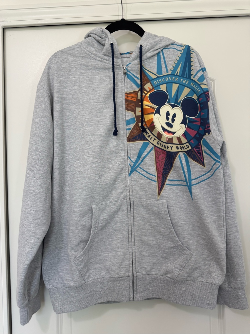 Disney Light Heather Gray Zip-Up Hoodie with Colorful Mickey Compass